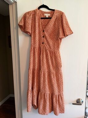 Monteau Size Medium M Floral Short Sleeve Dress Orange Red Rust